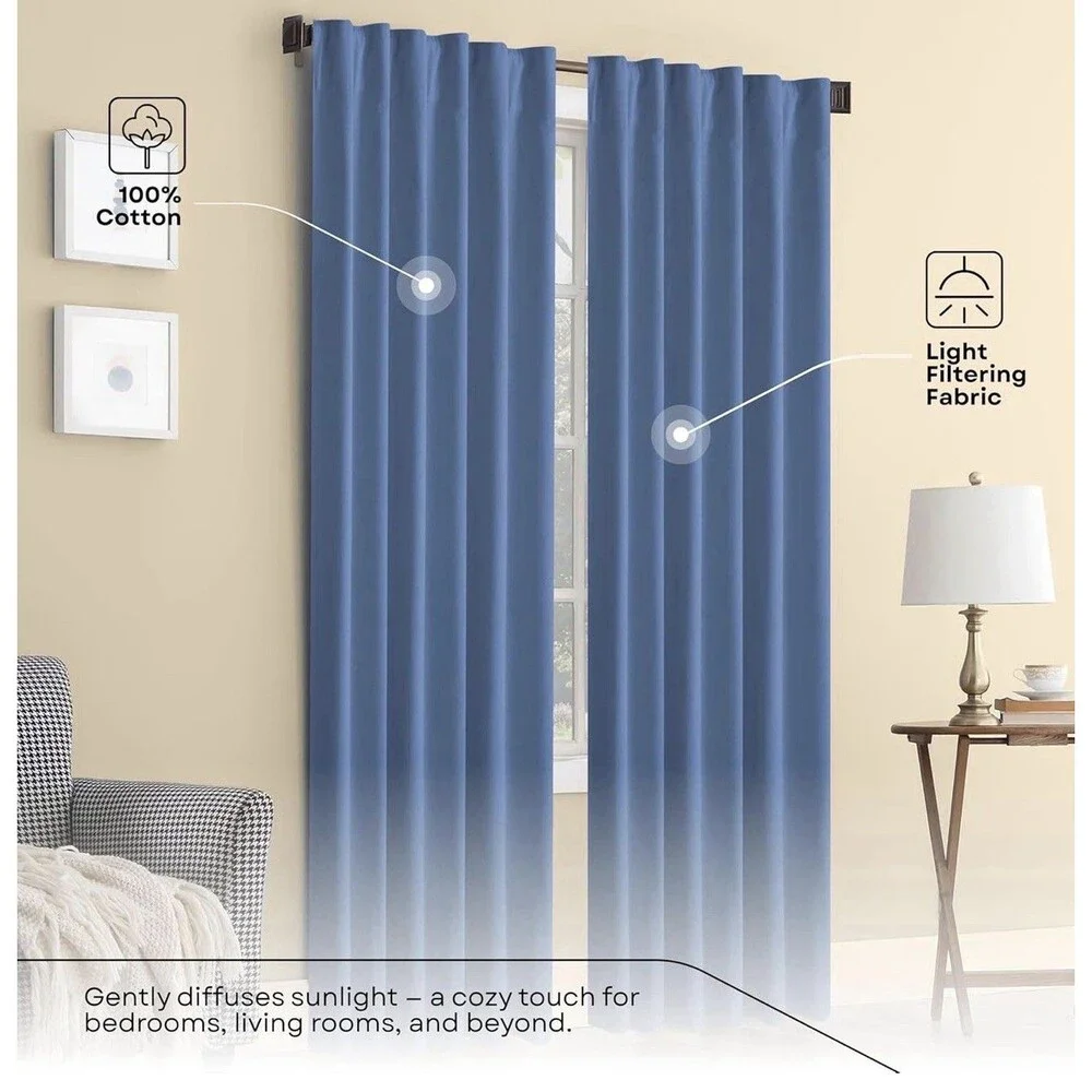 Heirloom Comfort Coastal Farmhouse Curtains Sky Blue 84” Cotton Panel Set 2